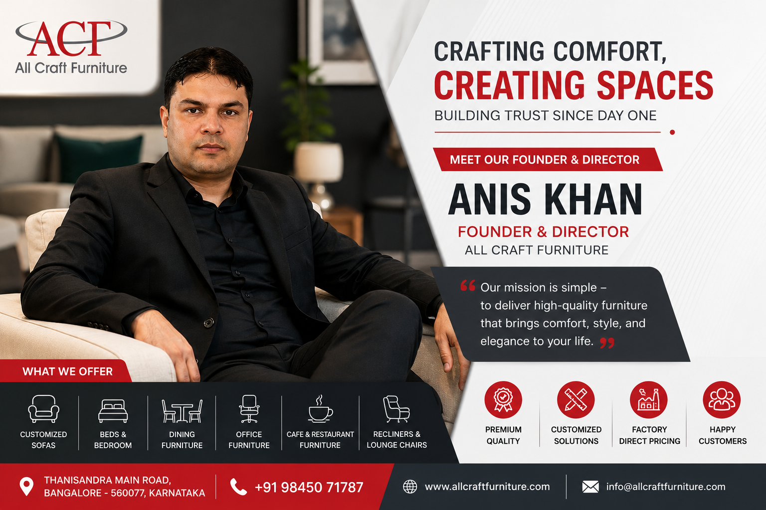 Meet the Founder Behind All Craft Furniture Bangalore – Craftsmanship, Trust, Premium Furniture Manufacturing & A Growing Family of Happy Customers Across Karnataka